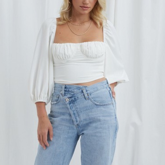 White Puff Sleeve Ruched Crop Top - Picture 6 of 12